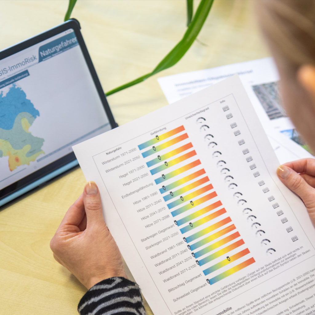 Der Objektsteckbrief als PDF listet sämtliche Gebäudemerkmale auf und gibt zu allen Naturgefahren (Sturm, Hagel, Erdbeben, Hitze, Starkregen, Blitzschlag etc.) eine Risikoeinschätzung inklusive Gefährdungsgrad ab.